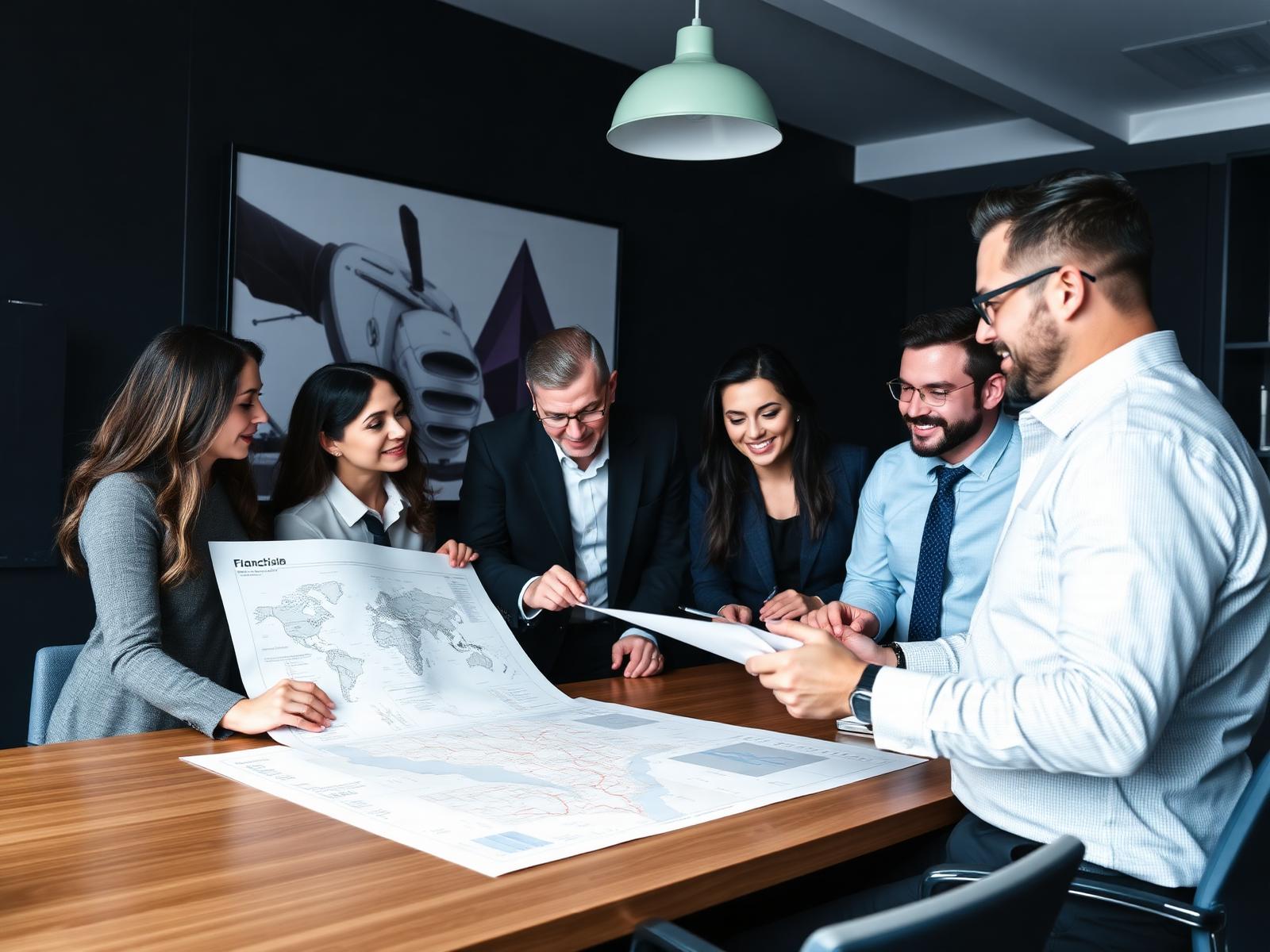 Franchise brand team reviewing territory growth plans in a boardroom