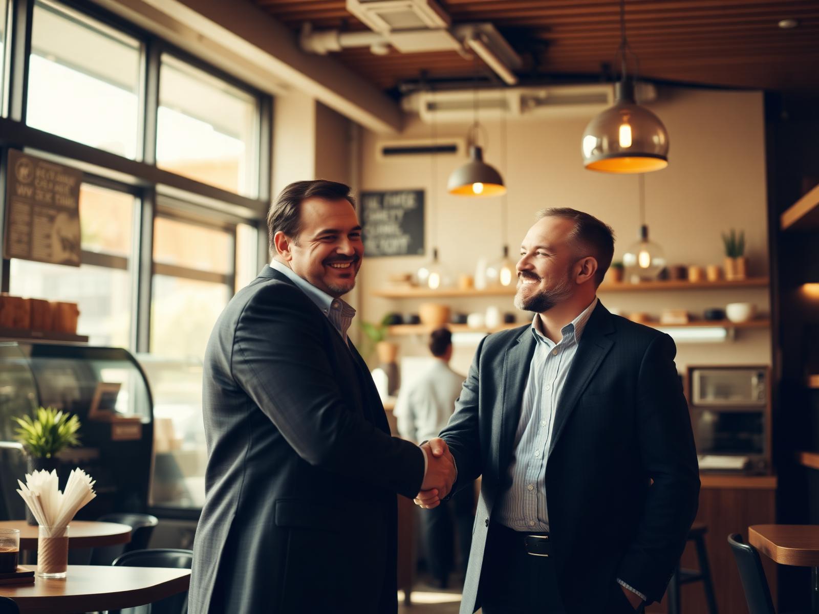 Two business partners shaking hands inside a modern cafe franchise
